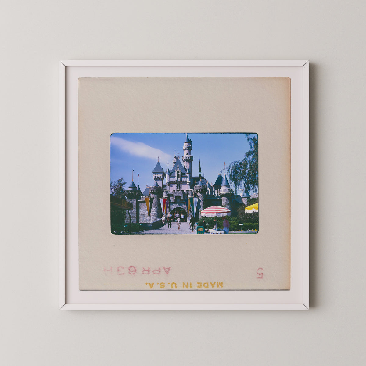 A framed photograph of a castle or palace-like structure, likely from a theme park or tourist attraction.
