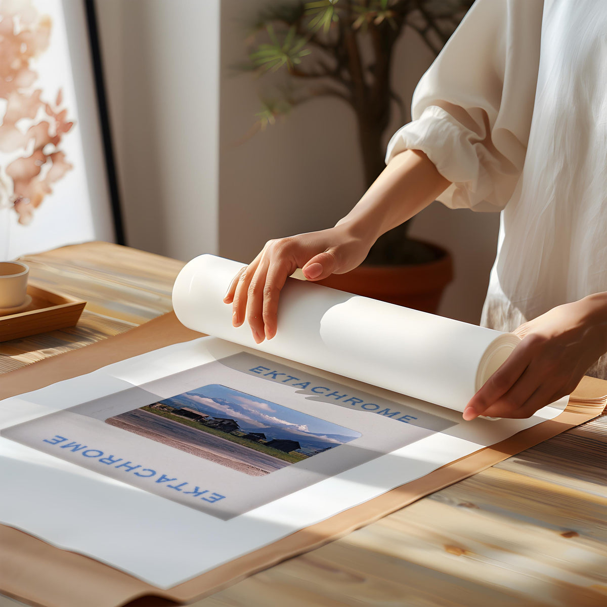 A person is rolling out a large piece of paper with a printed image on it, likely preparing to print the image onto a larger surface.