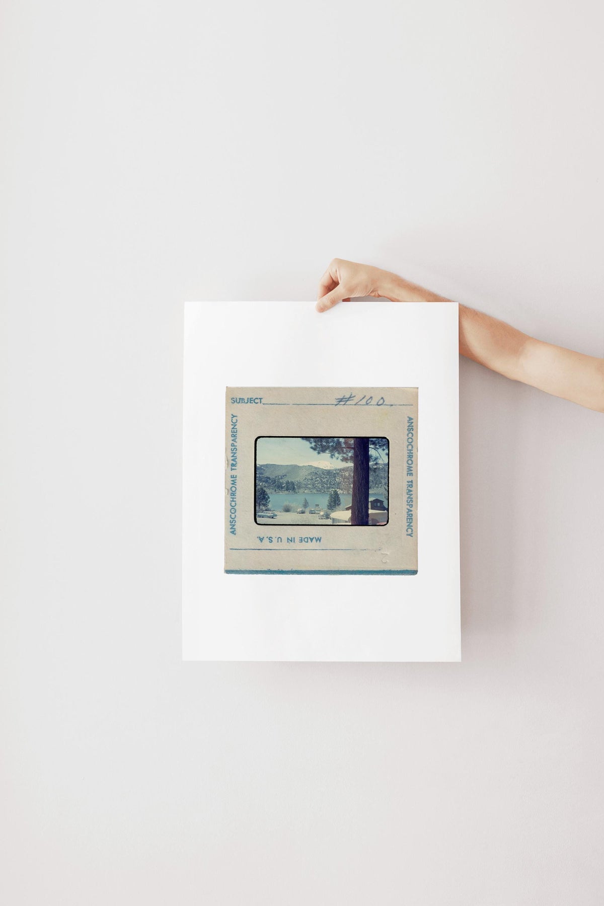 Vintage Anscochrome slide photograph of a mountain lake campground community, showing pine-forested hills, a snow-capped peak, classic cars parked along the shoreline, and lakeside cabins, viewed from beneath a tall pine tree. Printed as a giclée fine art print on archival matte paper.