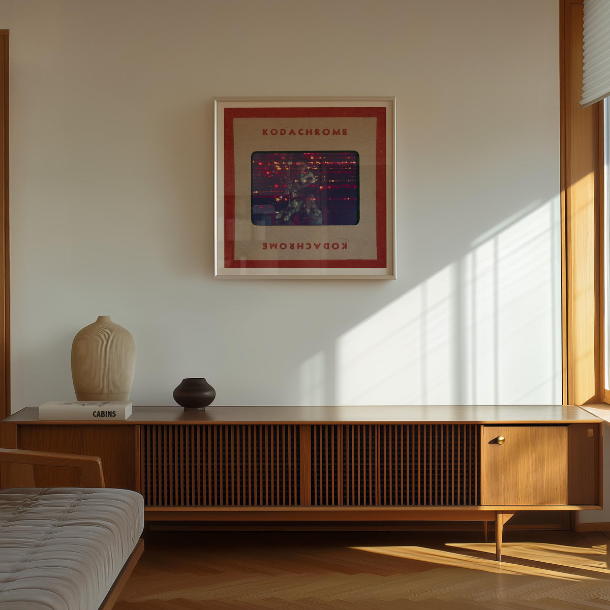 a minimalist living room with a wooden cabinet, a white vase, and a framed poster on the wall.