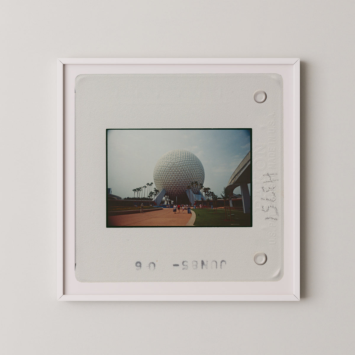 A framed photograph of the iconic Space Needle in the distance, with palm trees and a building visible in the background.