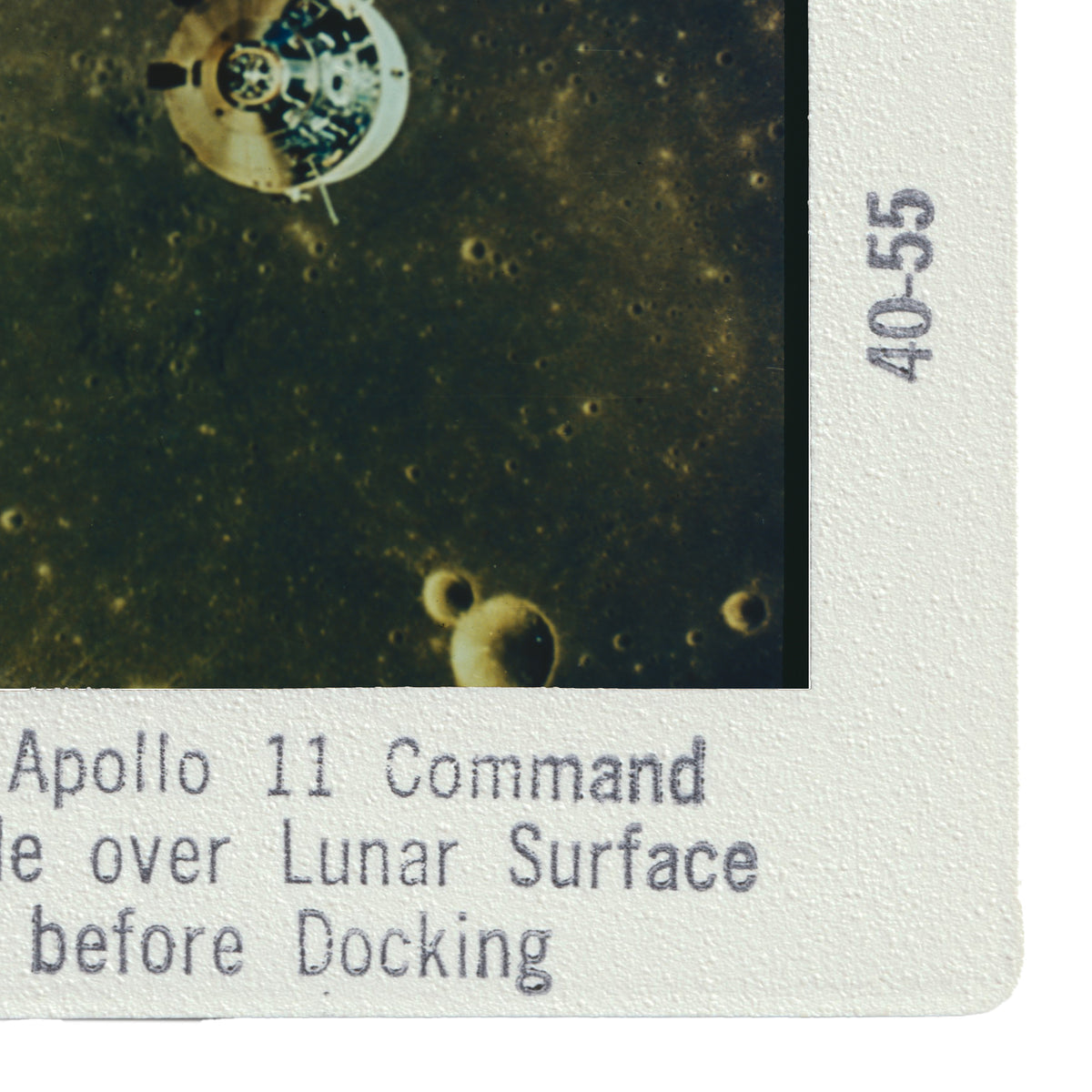 a lunar surface with a spacecraft, specifically the Apollo 11 Command and Service Module, floating in the background.