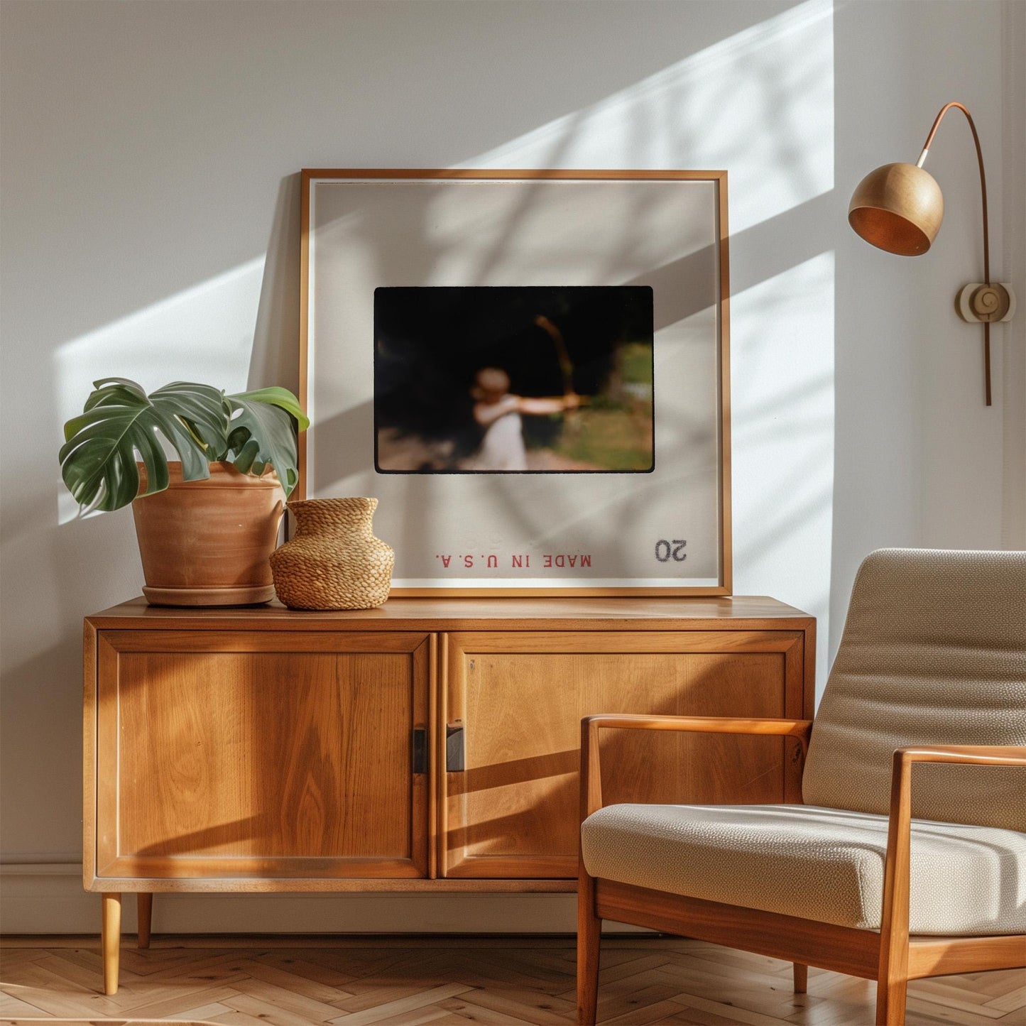 a cozy living room with a wooden cabinet, a framed photograph, a potted plant, and a beige armchair.
