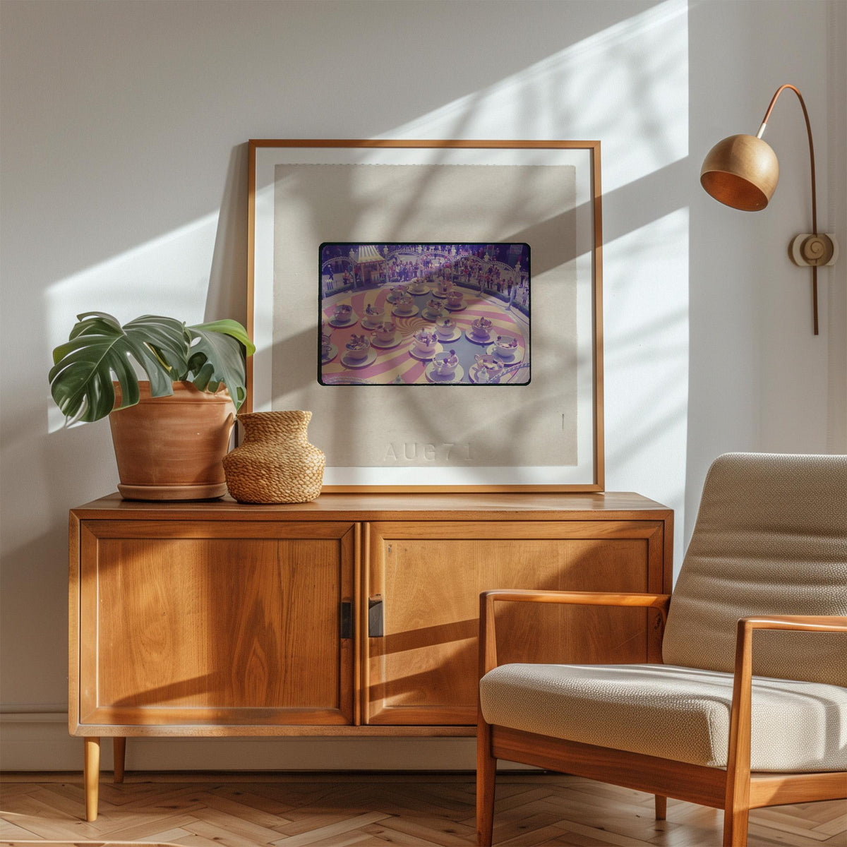a cozy living room with a wooden cabinet, a framed painting of a cityscape, a potted plant, and a beige armchair.