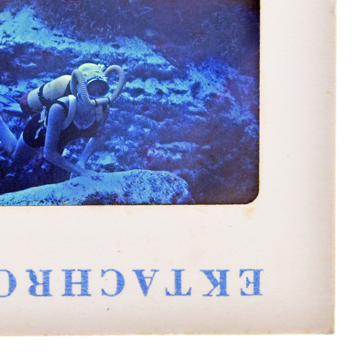 A person wearing scuba gear is diving underwater in a coral reef environment.