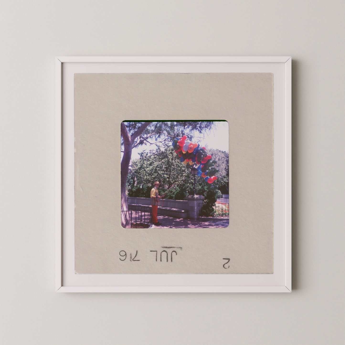 A framed photograph of a person holding a bunch of colorful balloons, with a tree and a fence in the background.