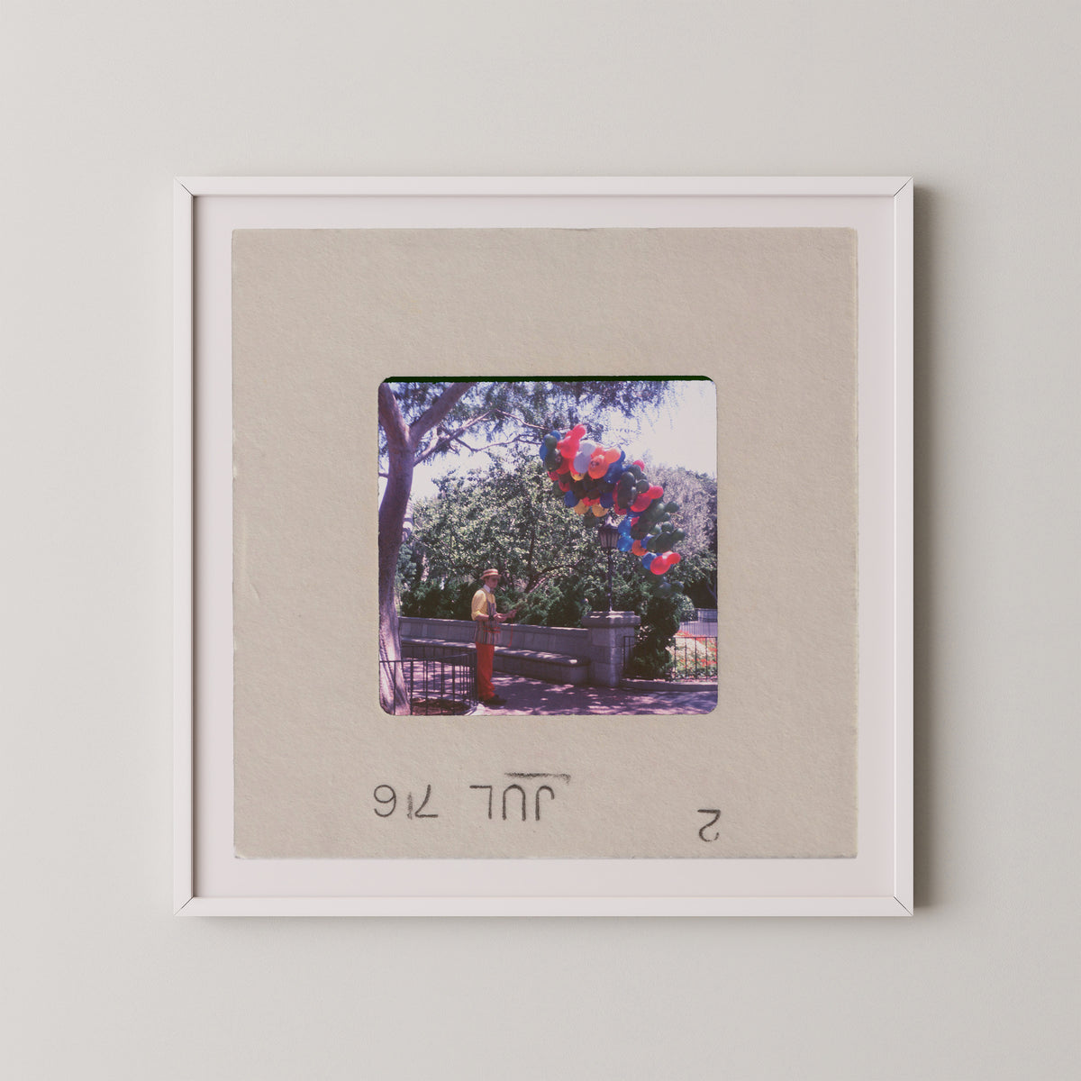 A framed photograph of a person holding a bunch of colorful balloons, with a tree and a fence in the background.