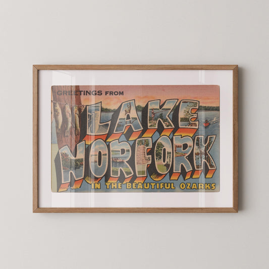 Greetings from Lake Norfork Ozarks Vintage Large Letter Postcard: Fine Art Paper Print