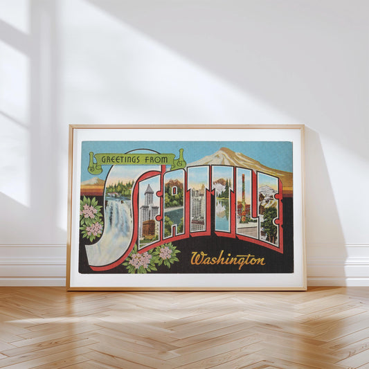 Greetings from Seattle Vintage Large Letter Postcard: Canvas Print