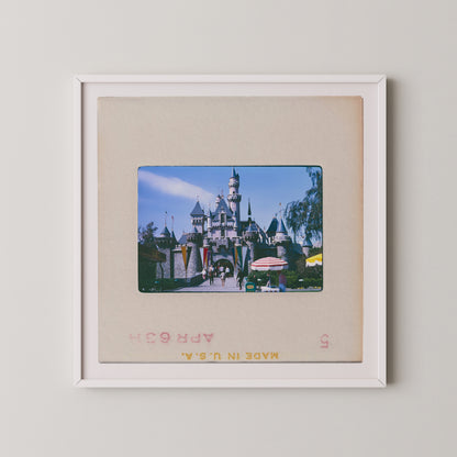A framed photograph of a castle or palace-like structure, likely from a theme park or tourist attraction.