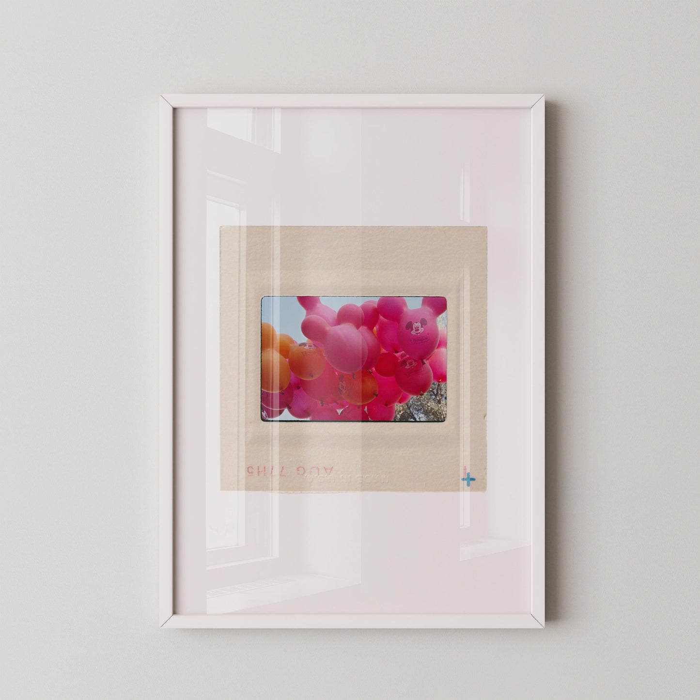The image is a framed photograph of a bunch of colorful balloons floating in the air.