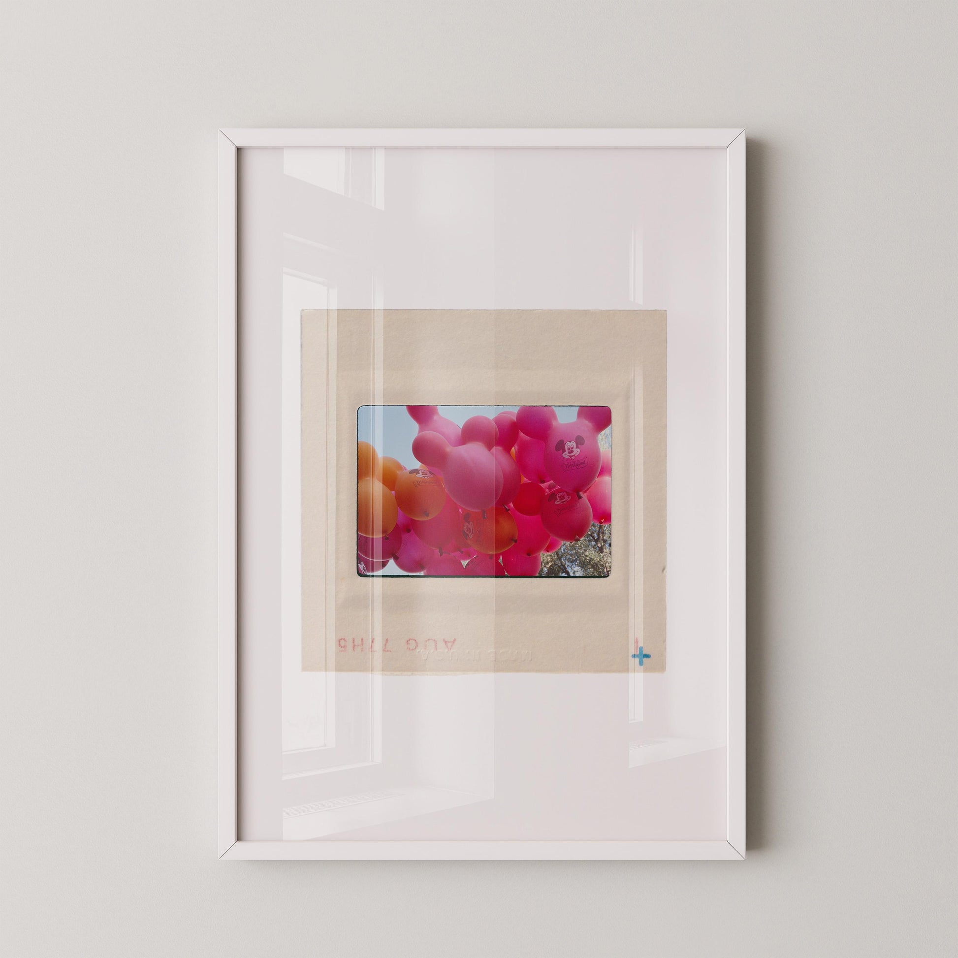 The image is a framed photograph of a bunch of colorful balloons floating in the air.