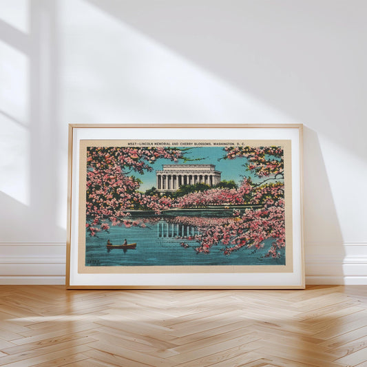 Lincoln Memorial in Cherry Blossoms Washington D.C. Vintage Postcard: Fine Art Canvas Print