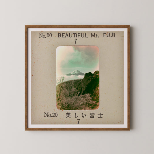 The image is a framed photograph of a mountainous landscape, with the text "No.20 BEAUTIFUL M.FUJI" and "No.20" written above the photograph.