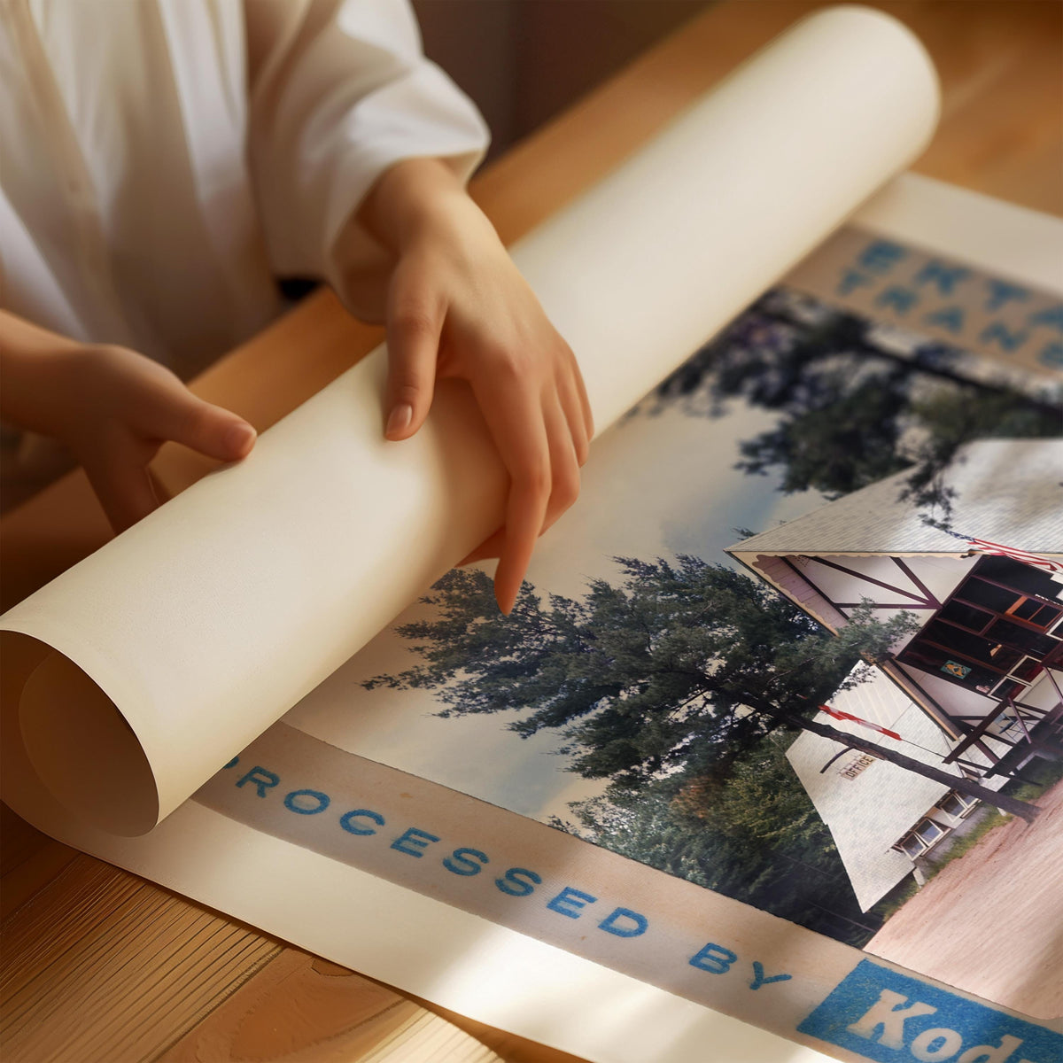 A person's hands are holding a roll of paper over a printed image, which appears to be a collage of multiple images.