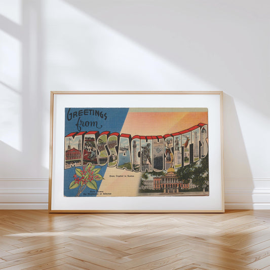 Greetings from Massachusetts Vintage Large Letter Postcard : Canvas Print