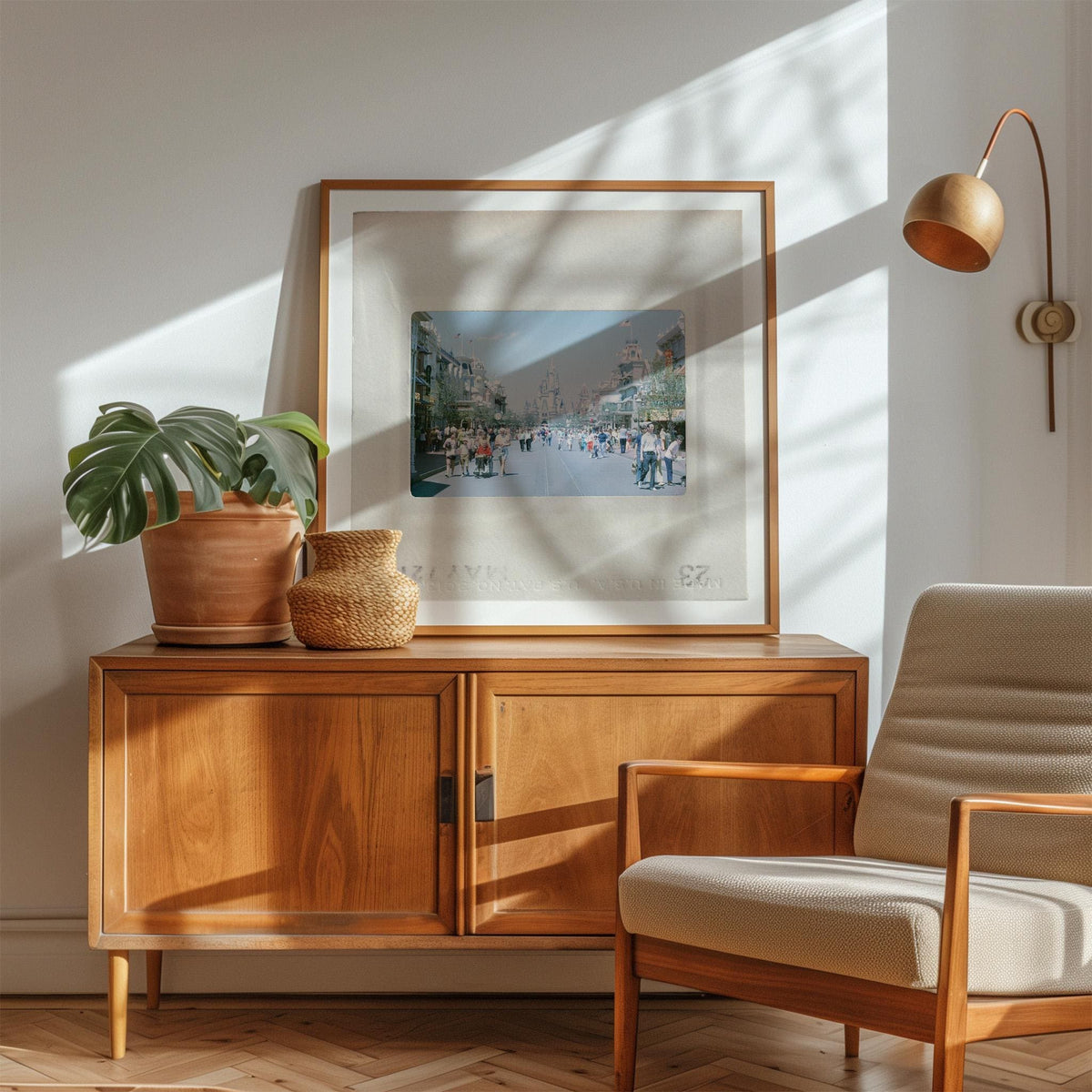 a cozy living room with a wooden cabinet, a framed picture of a city street, a potted plant, and a beige armchair.
