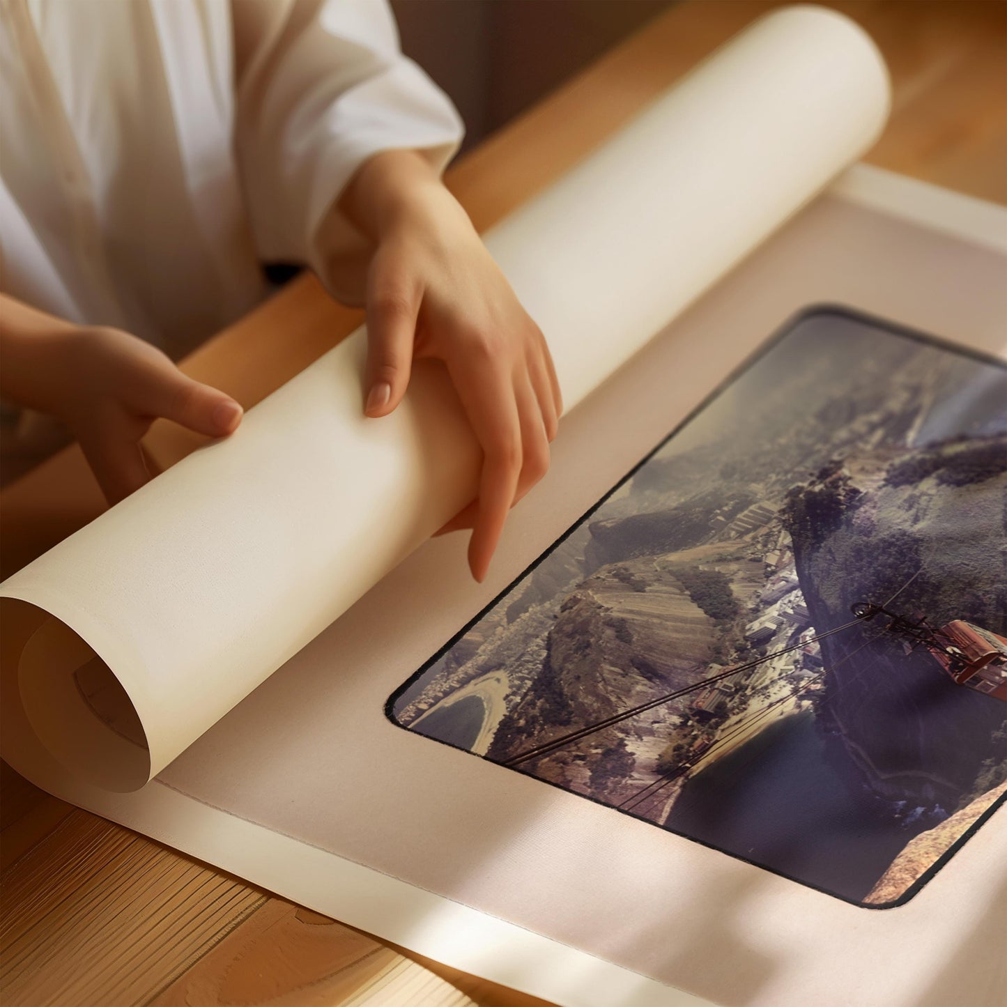 A person's hands are holding a roll of paper, which appears to be a large roll of white paper, and they are placing it on a wooden surface. The image also shows a framed photograph of a mountainous landscape.