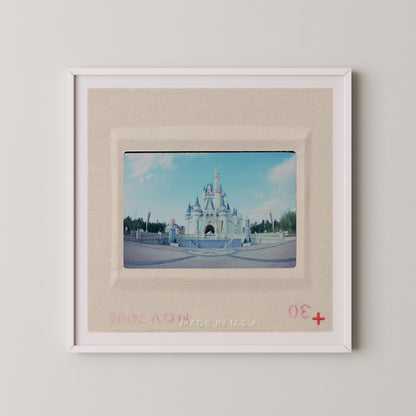 A framed photograph of a castle, likely from a theme park or tourist attraction, with a red border and a red plus sign in the bottom right corner.