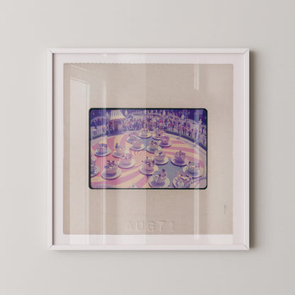 The image is a framed photograph of a carousel with multiple carousel horses in various colors and positions.