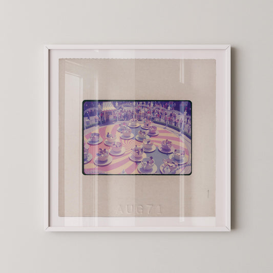 The image is a framed photograph of a carousel with multiple carousel horses in various colors and positions.