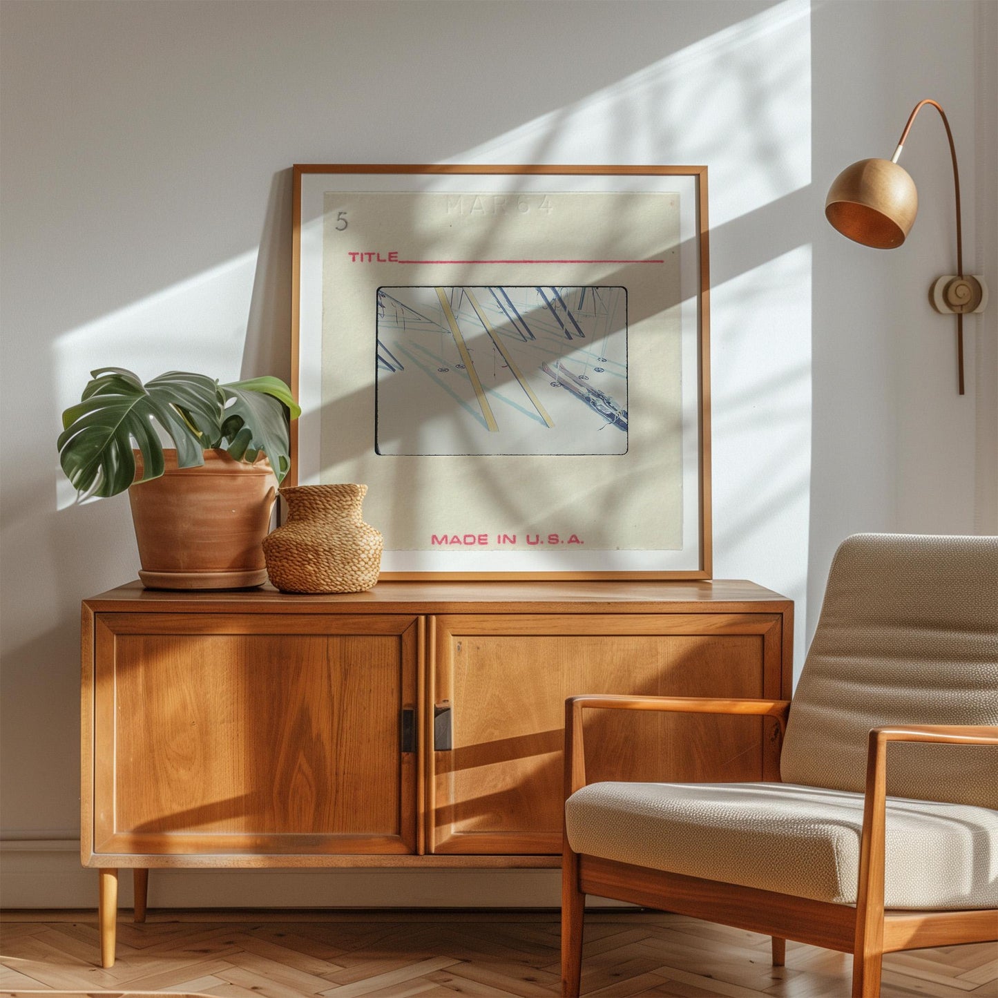 a wooden cabinet with a framed artwork hanging on it, a potted plant, and a beige armchair in a room with a white wall and a lamp.