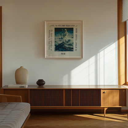 a framed photograph of an astronaut on the wall of a room with a wooden cabinet below it.