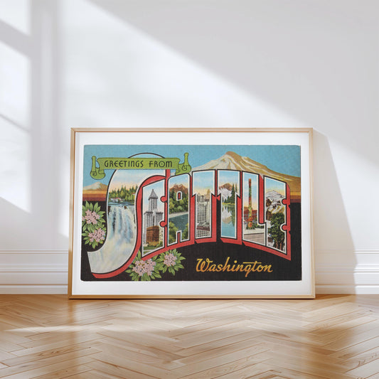 Seattle Canvas Print, Greetings from Seattle, Retro Seattle Decor, Vintage Seattle, Retro Wall Art, Vintage Decor, Seattle Poster