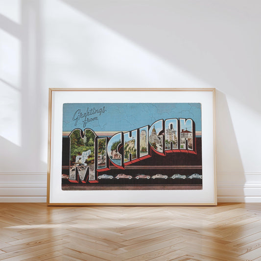 Greetings from Michigan Vintage Large Letter Postcard:  Canvas Print Framed or Unframed