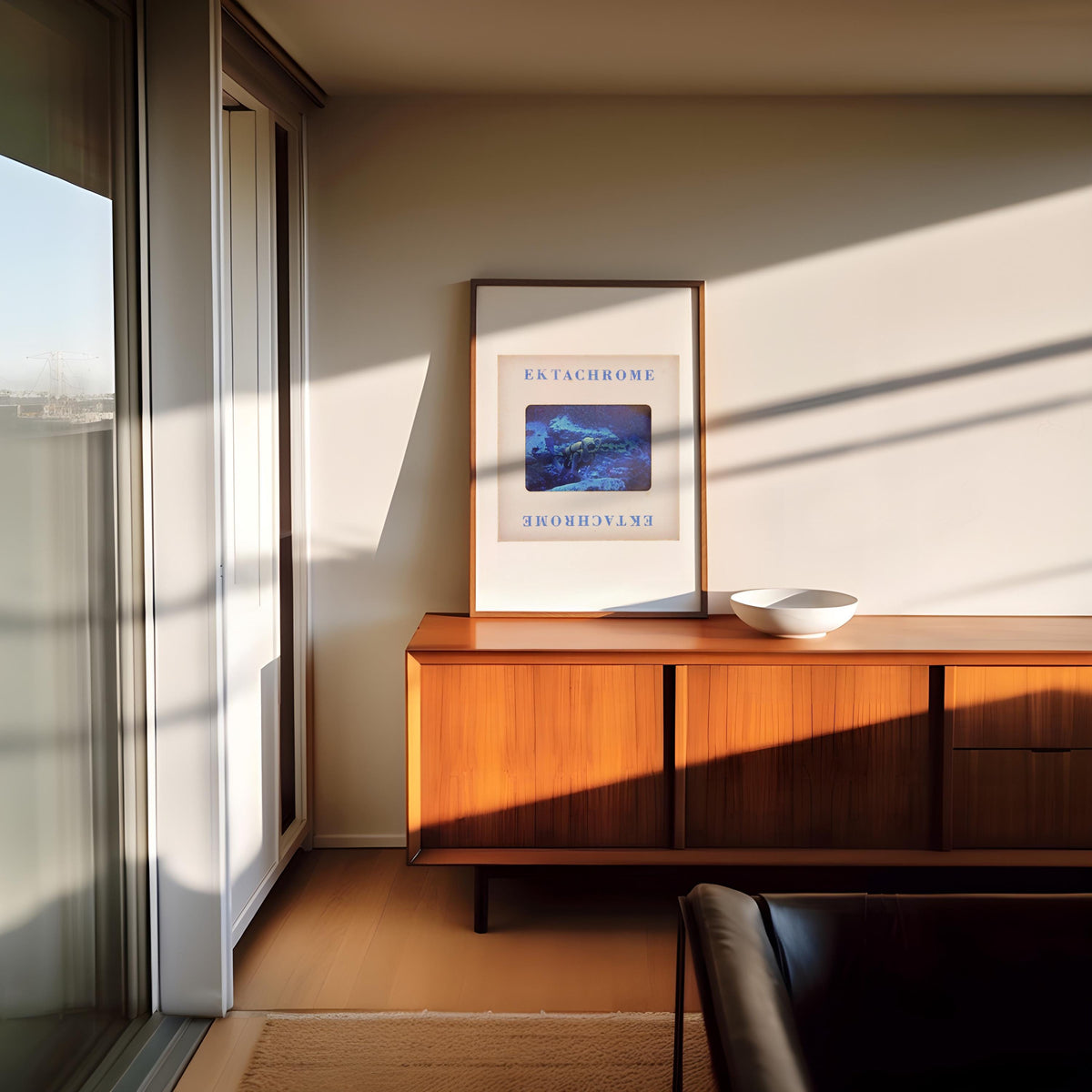 a wooden cabinet with a white bowl on top, situated in a room with a large window and a framed poster on the wall.