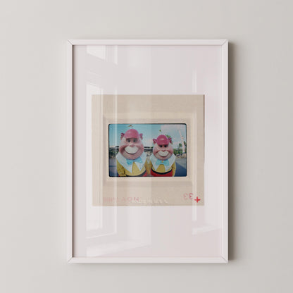 two cartoon characters wearing colorful outfits and hats, standing together in a frame.