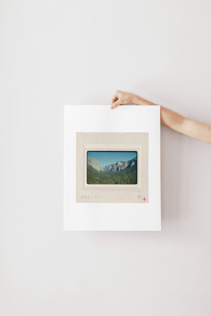 Vintage September 1980 color slide photograph of Yosemite Valley floor with yellow wildflowers, lush green meadow, tall conifers, and dramatic granite walls under a deep blue sky, printed as a fine art giclée print.