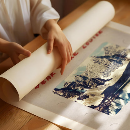A person's hands are holding a roll of paper over a printed image of a mountain landscape.