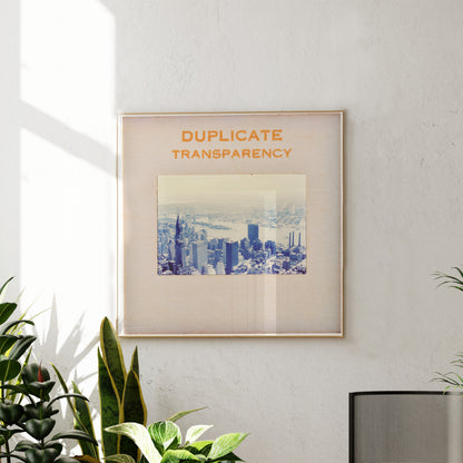 a framed photograph of a cityscape, with the text "DUPLICATE TRANSPARENCY" written above it.