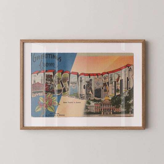 Greetings from Massachusetts Vintage Large Letter Postcard : Fine Art Paper Print
