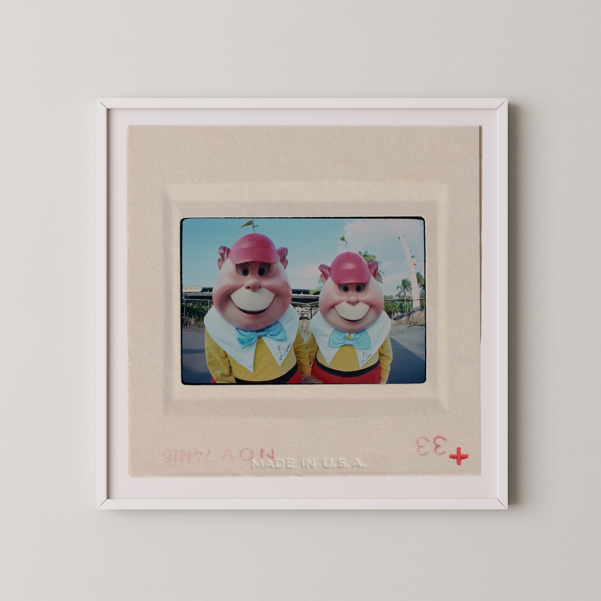 two cartoon characters wearing colorful outfits and hats, standing together in a frame.