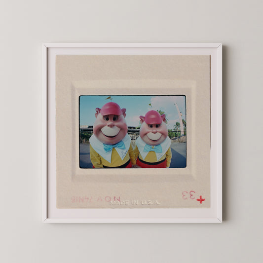 two cartoon characters wearing colorful outfits and hats, standing together in a frame.