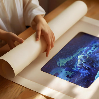 A person's hands are holding a roll of paper, which appears to be a canvas or painting paper, over a framed image depicting a blue underwater scene.