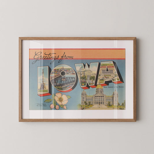 Greetings from Iowa Large Letter Vintage Postcard : Fine Art Paper Print