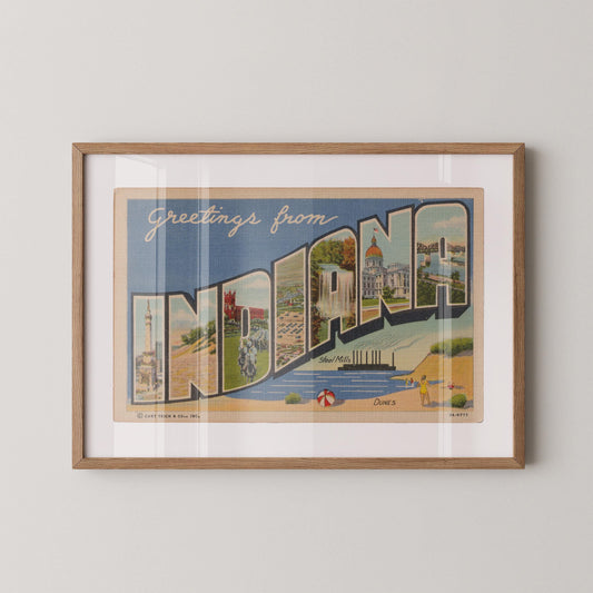 Greetings from Indiana Large Letter Vintage Postcard : Fine Art Paper Print