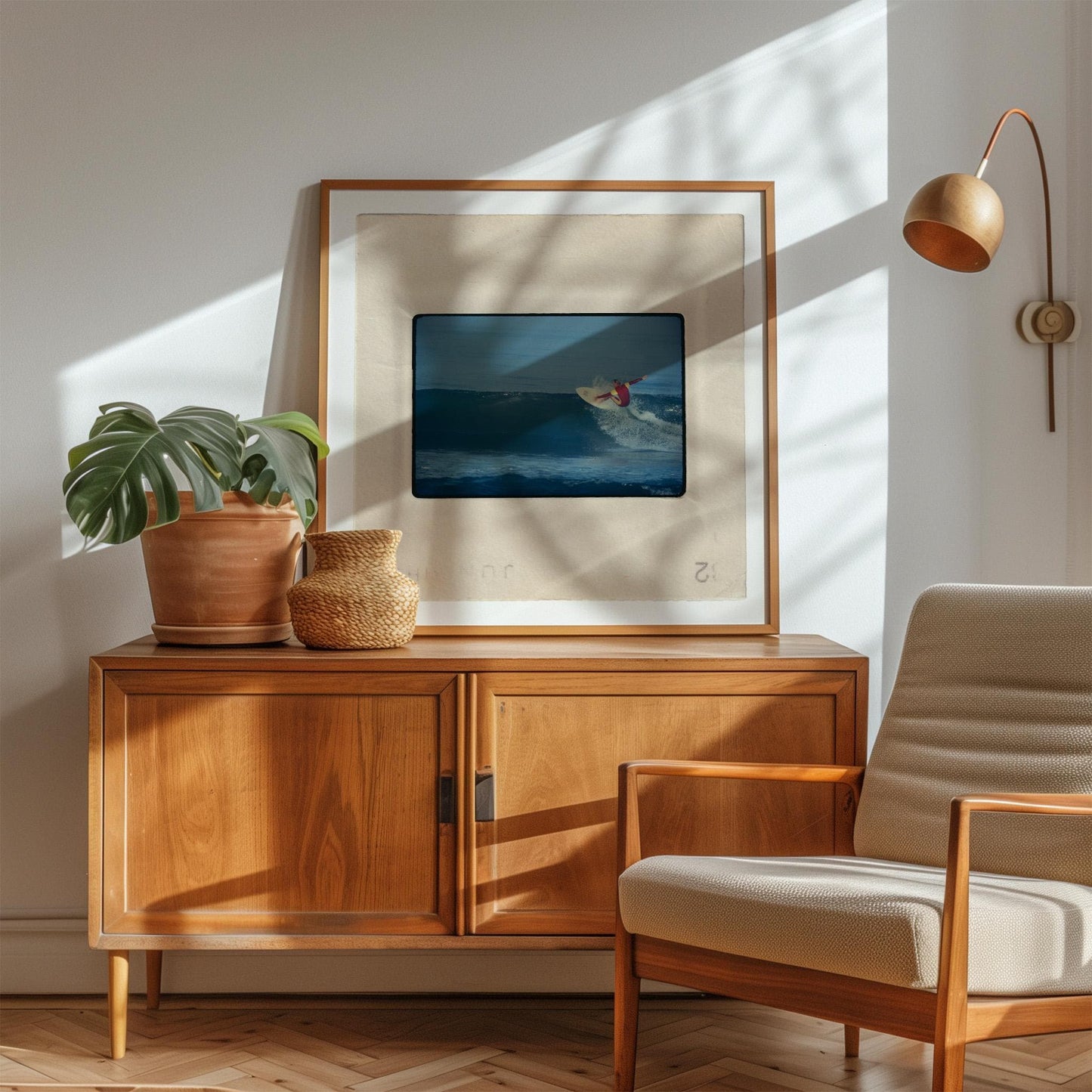 Vintage 1970s Kodachrome slide photograph of a surfer in a red and yellow competition jersey carving off the top of a deep blue wave along the California coast, with white spray exploding from the board. Printed as a giclée fine art print on archival matte paper.